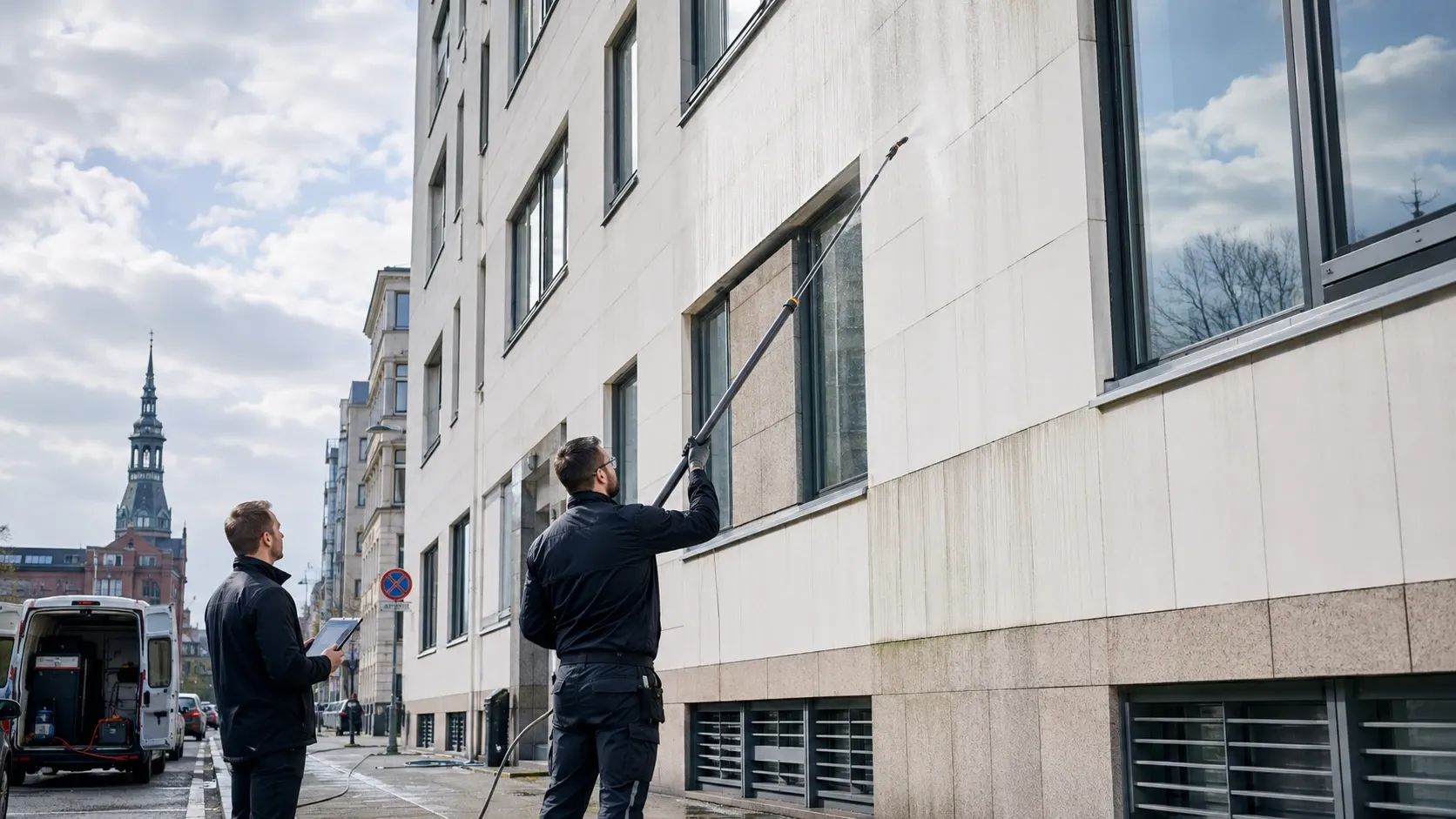 Zwei Fachkräfte reinigen und dokumentieren eine Gewerbefassade in der Hamburger Innenstadt, im Hintergrund der Turm der Nikolaikirche