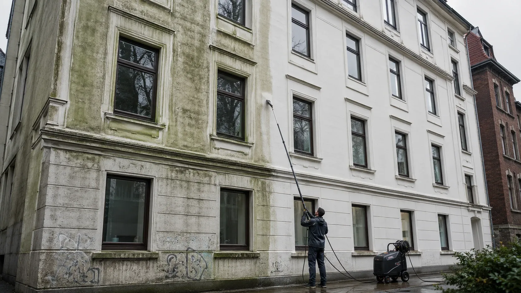 Fachbetrieb reinigt eine vergraute Hamburger Altbaufassade, die linke Seite noch grünlich vergraut, die rechte bereits hell